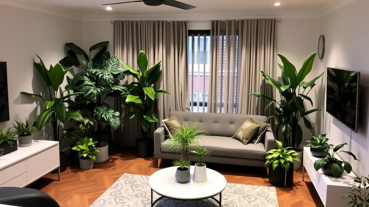 A modern living room in Adelaide with lifelike artificial plants.