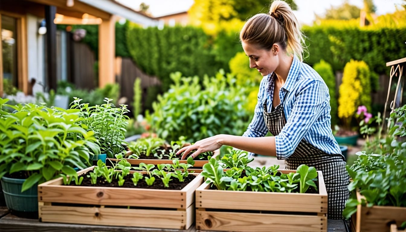 A woman arranging wooden plant boxes in a backyard garden.