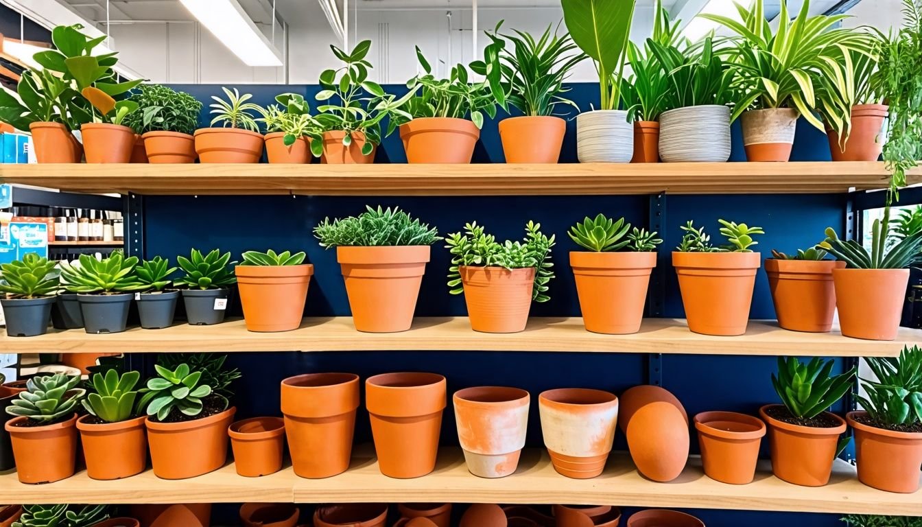 Affordable terracotta planters on display at local garden store.