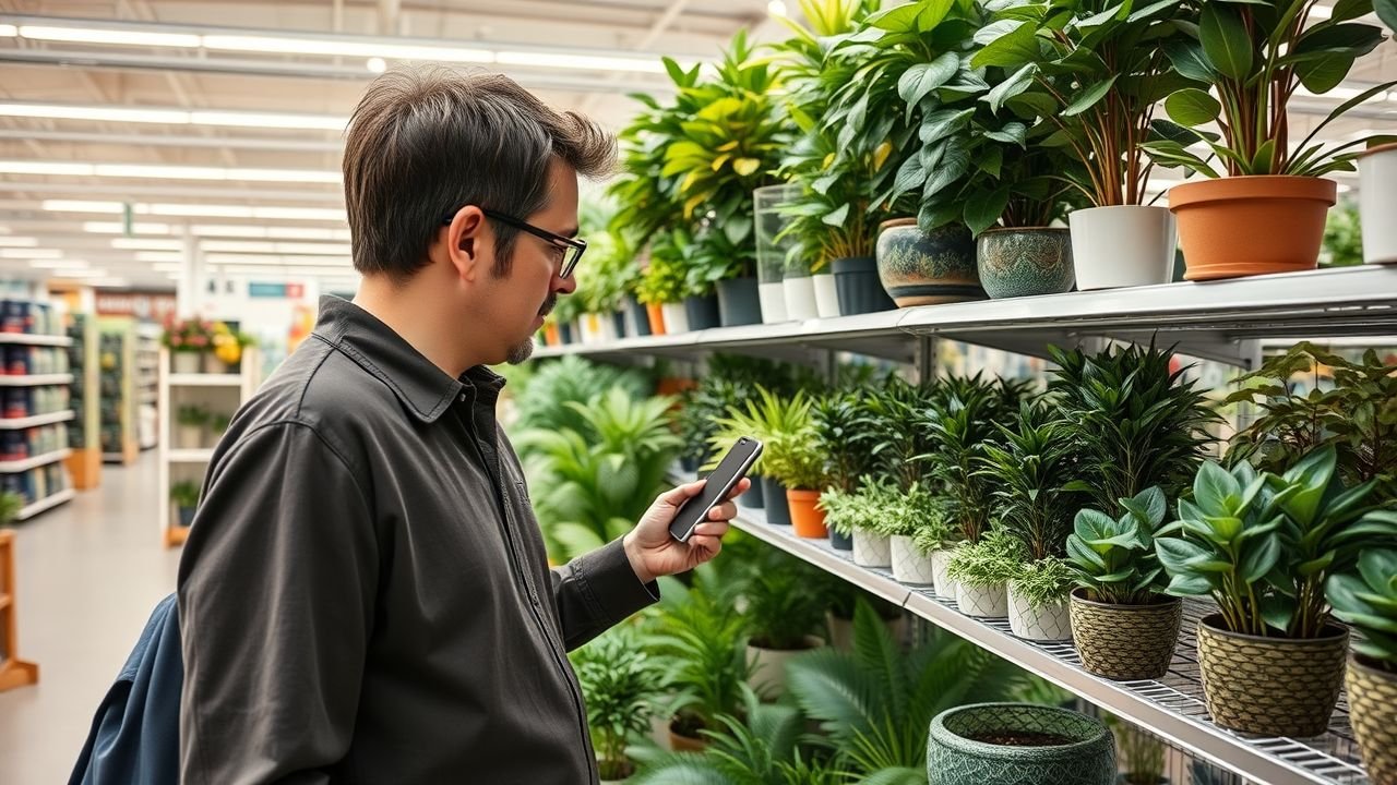 A person browsing realistic fake pot plants in a store.