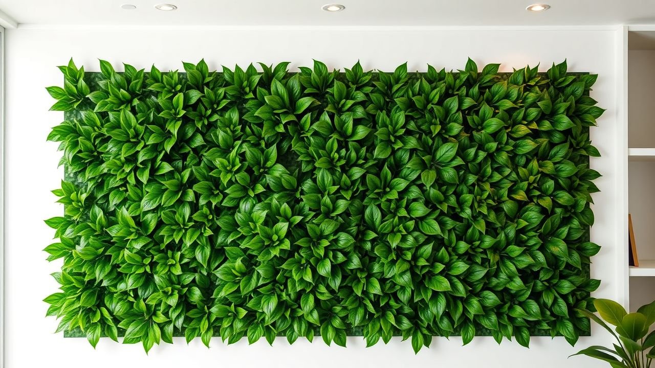 A close-up of a vibrant artificial plant wall panel in a modern interior.