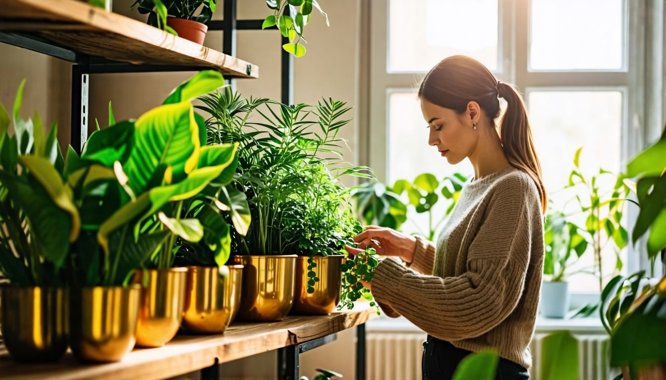 A woman in her mid-30s arranging lush green plants in brass planters.