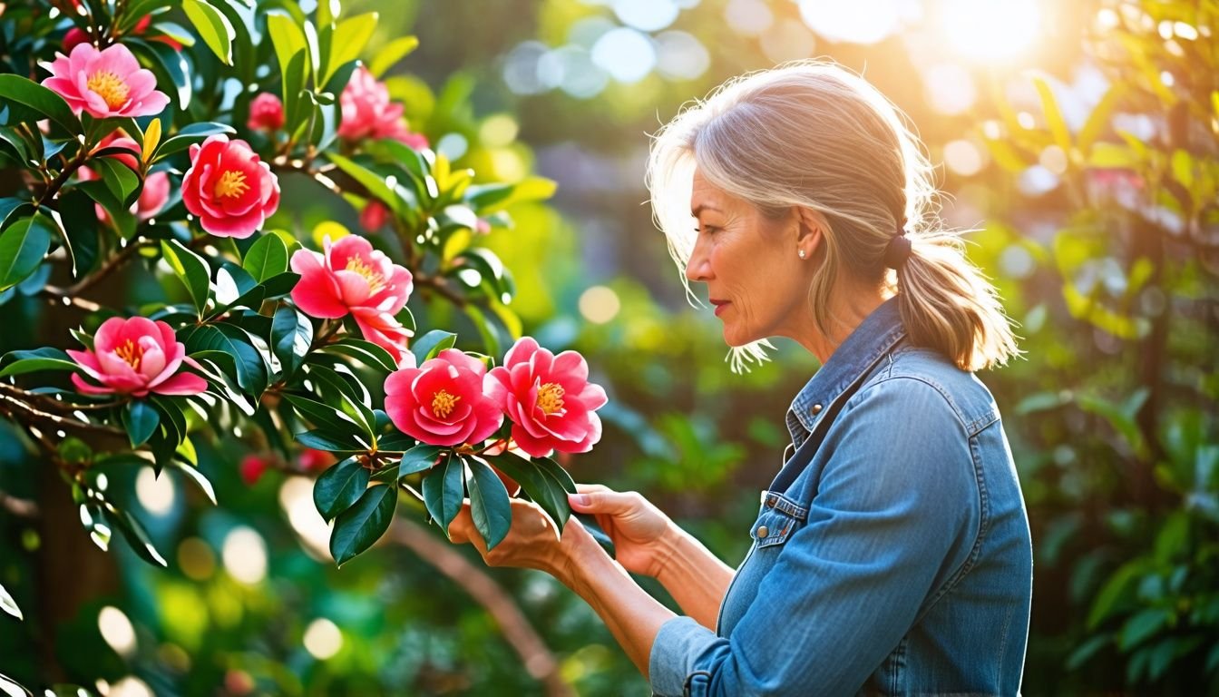 A woman in her 40s pruning a blooming Camellia Yume bush in an Australian garden.