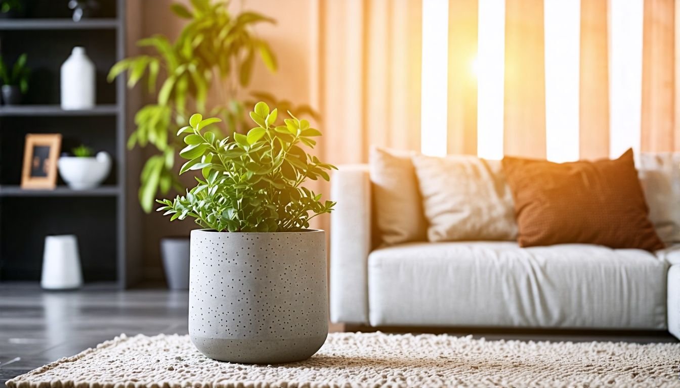 A modern living room showcasing a concrete-look pot for interior decor.