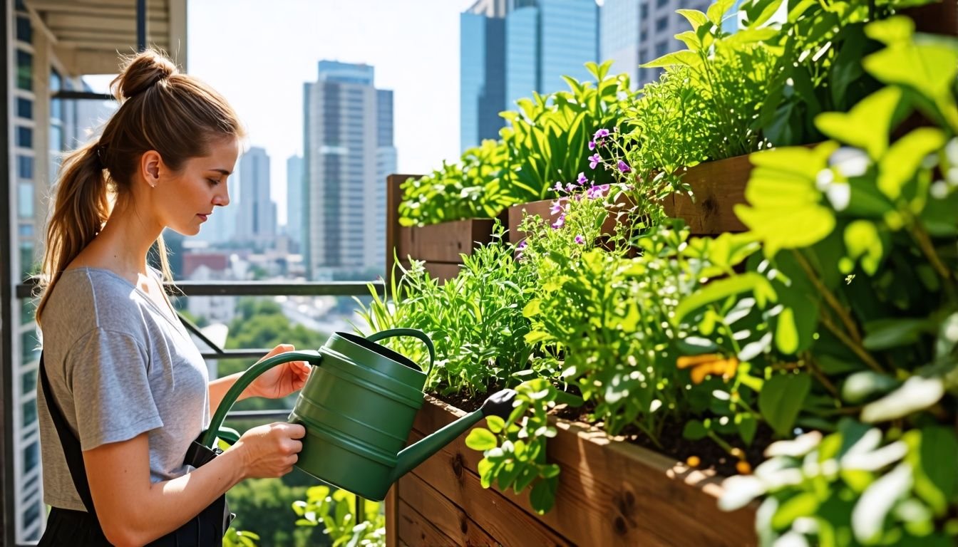 A woman in her 30s tending to a lush urban balcony garden.