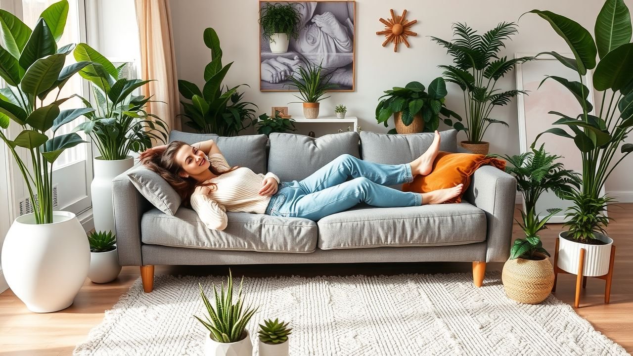 A woman lounging on a grey couch in a home with faux plants.