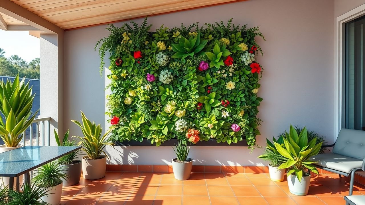 A fake wall garden on a vibrant outdoor patio with artificial greenery.