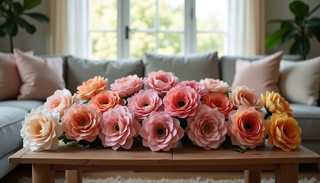 A living room with a wooden coffee table adorned with artificial flower bouquets.