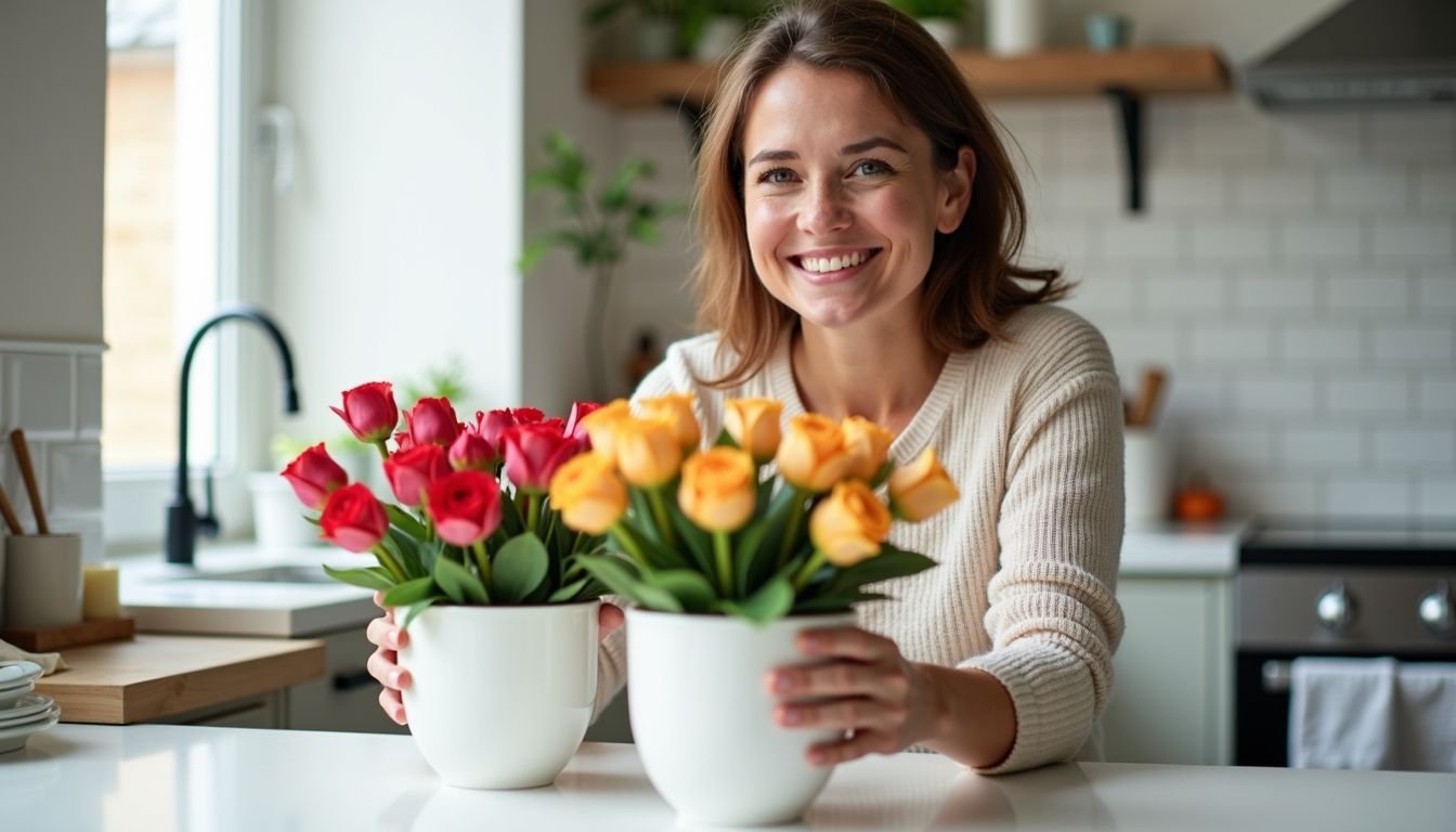 A woman in her 30s arranging artificial flowers in a modern kitchen.