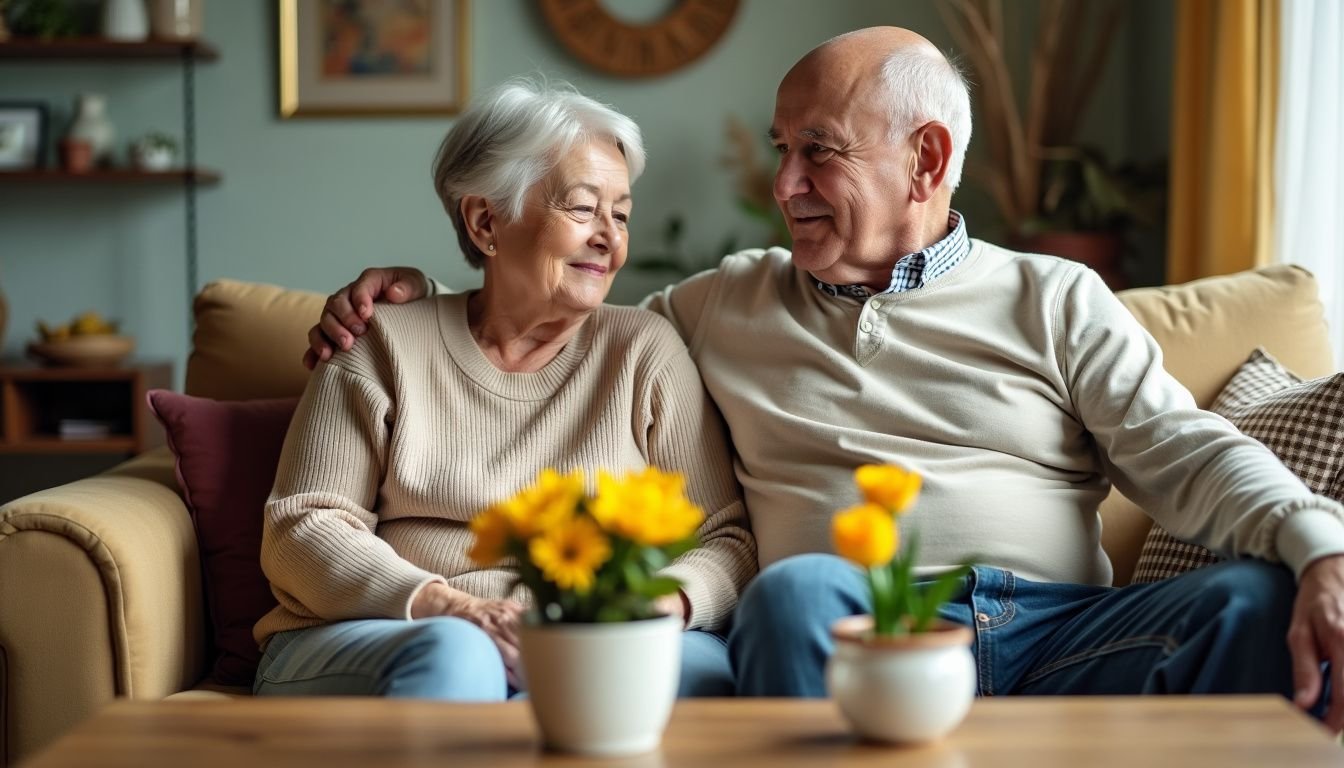 Elderly couple sitting together in a cozy living room.