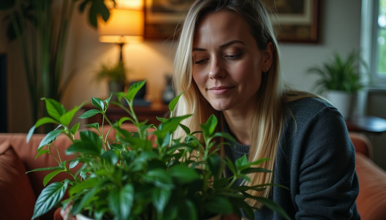 A woman in her 30s arranging artificial plants in her cozy living room.