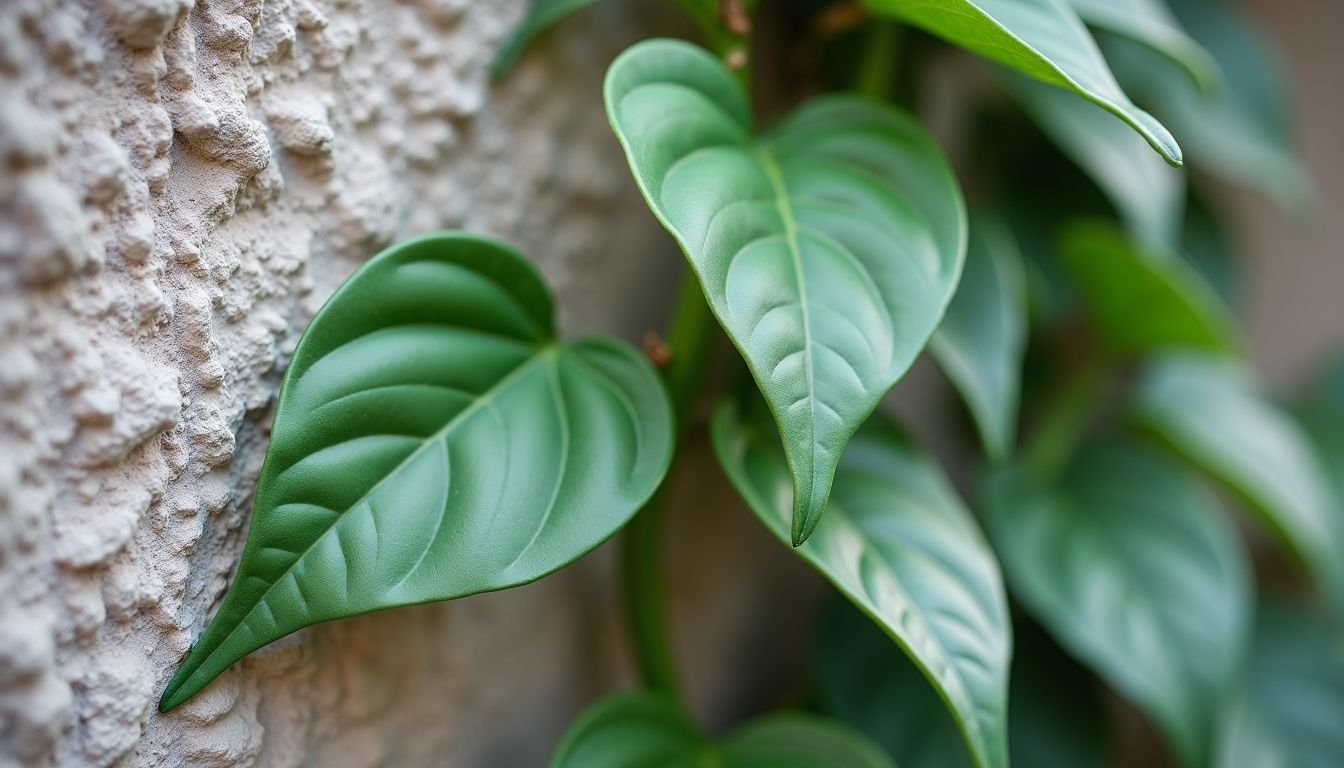 A plastic vine securely attached to an outdoor wall.