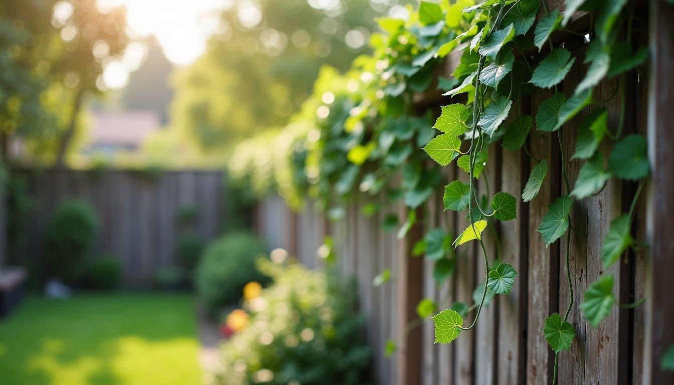 An overgrown wooden fence in a backyard garden with artificial ivy.