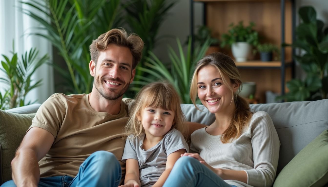 A family relaxes in a modern living room surrounded by faux plants.