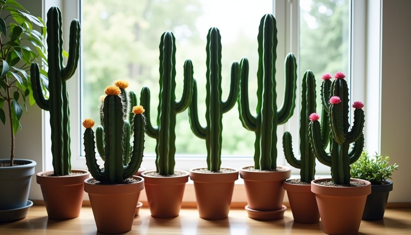 A display of various Arizona faux cacti in an indoor space.