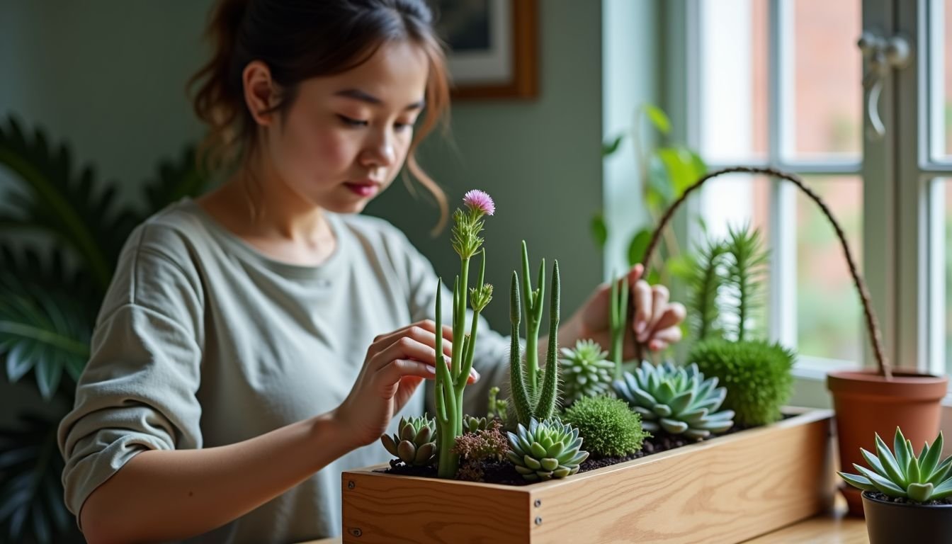 A person arranging succulents in a wooden planter at home.