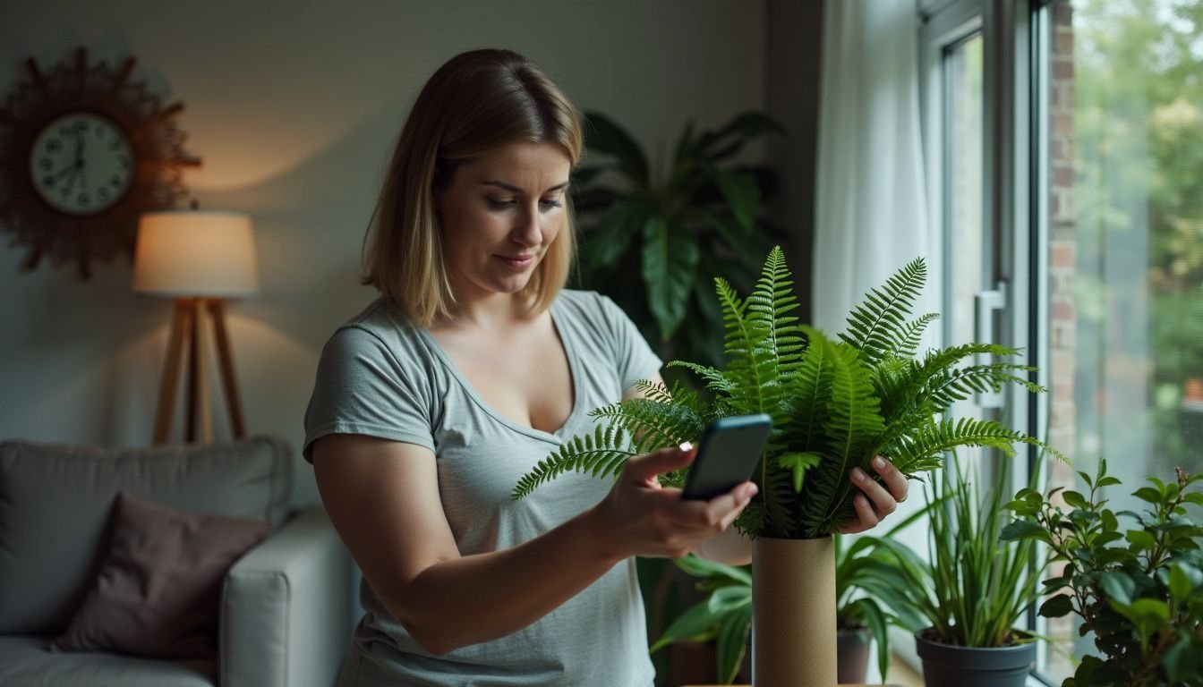 A woman arranging houseplants in a modern living room.