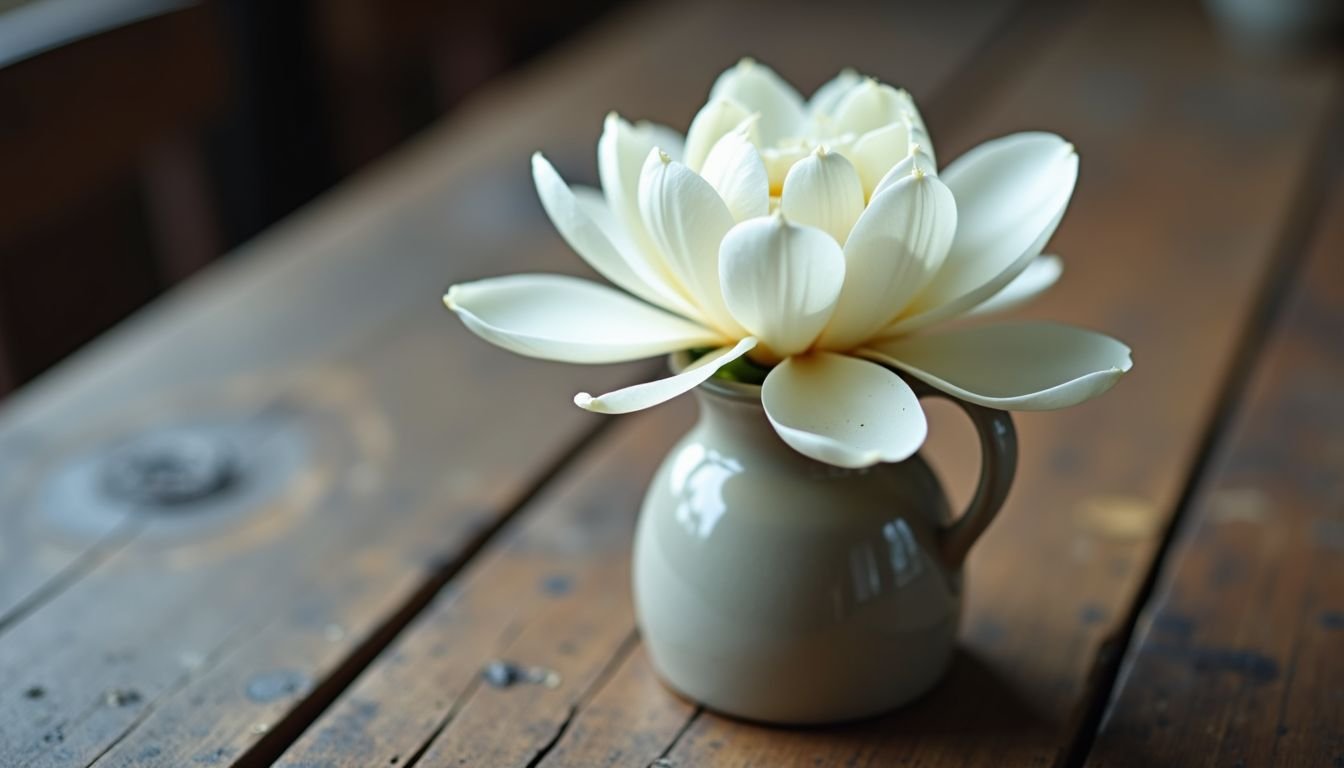 A white magnolia flower in a ceramic vase on a wooden table.