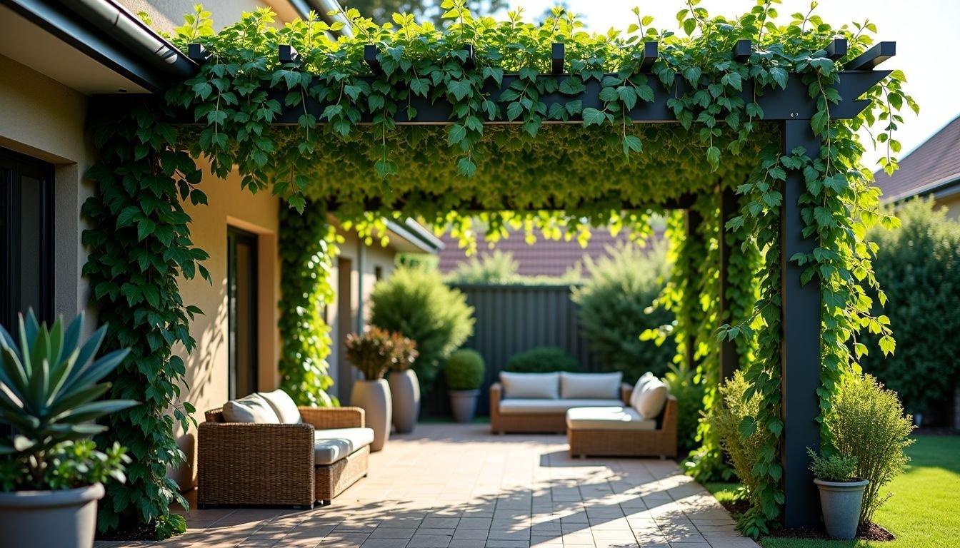 A backyard pergola covered in artificial ivy vines provides shade.