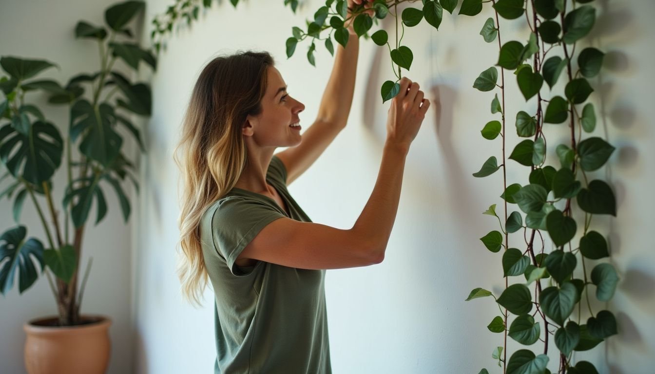 A woman in her 30s is decorating a contemporary living room with artificial ivy vines.