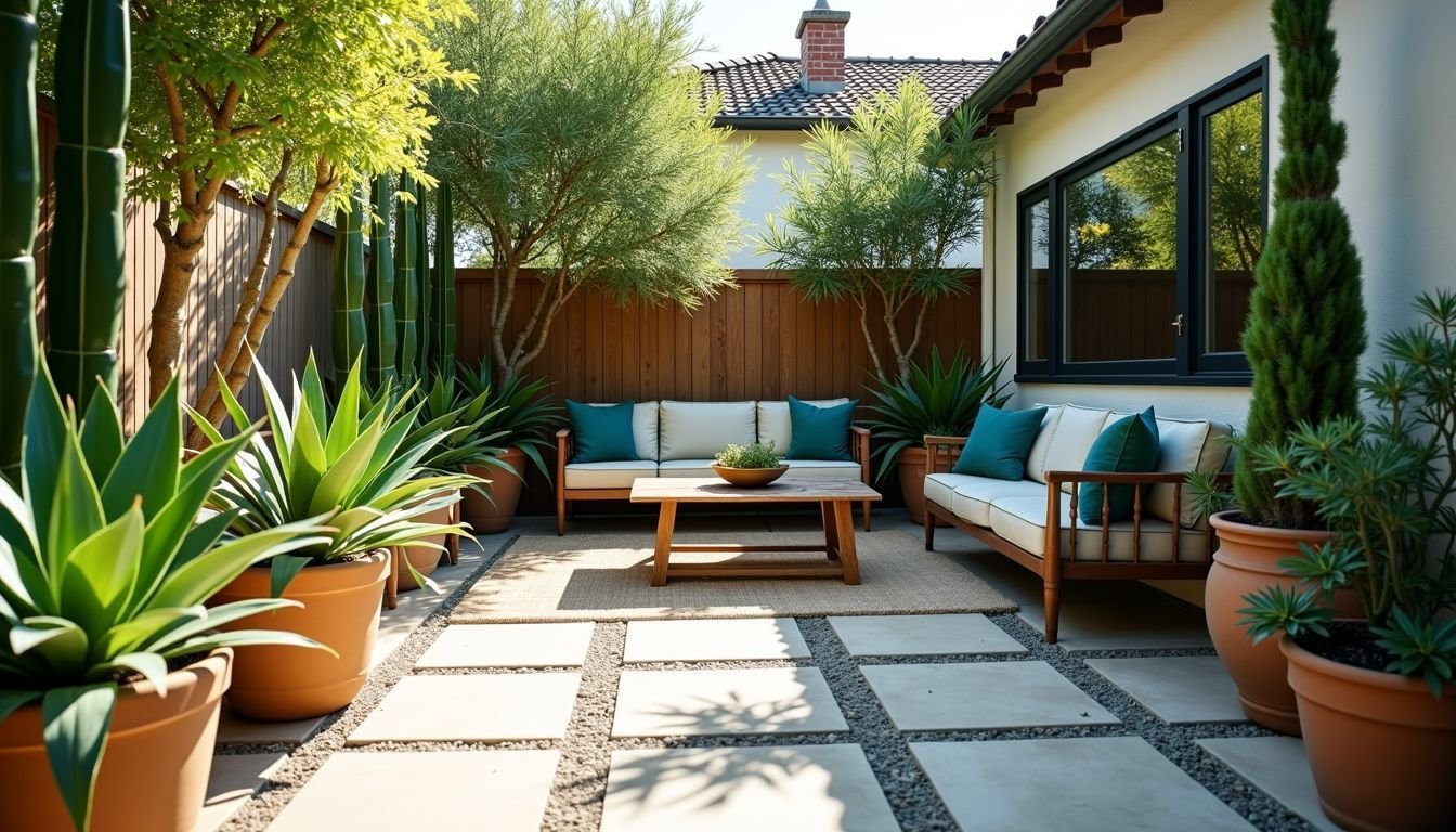 A backyard patio filled with artificial outdoor plants creates a low-maintenance green oasis.