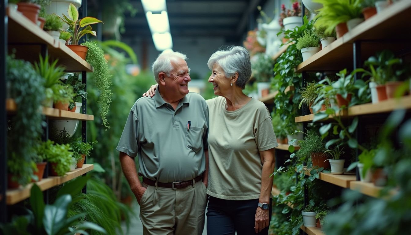 Elderly couple browsing in cluttered artificial plant shop.