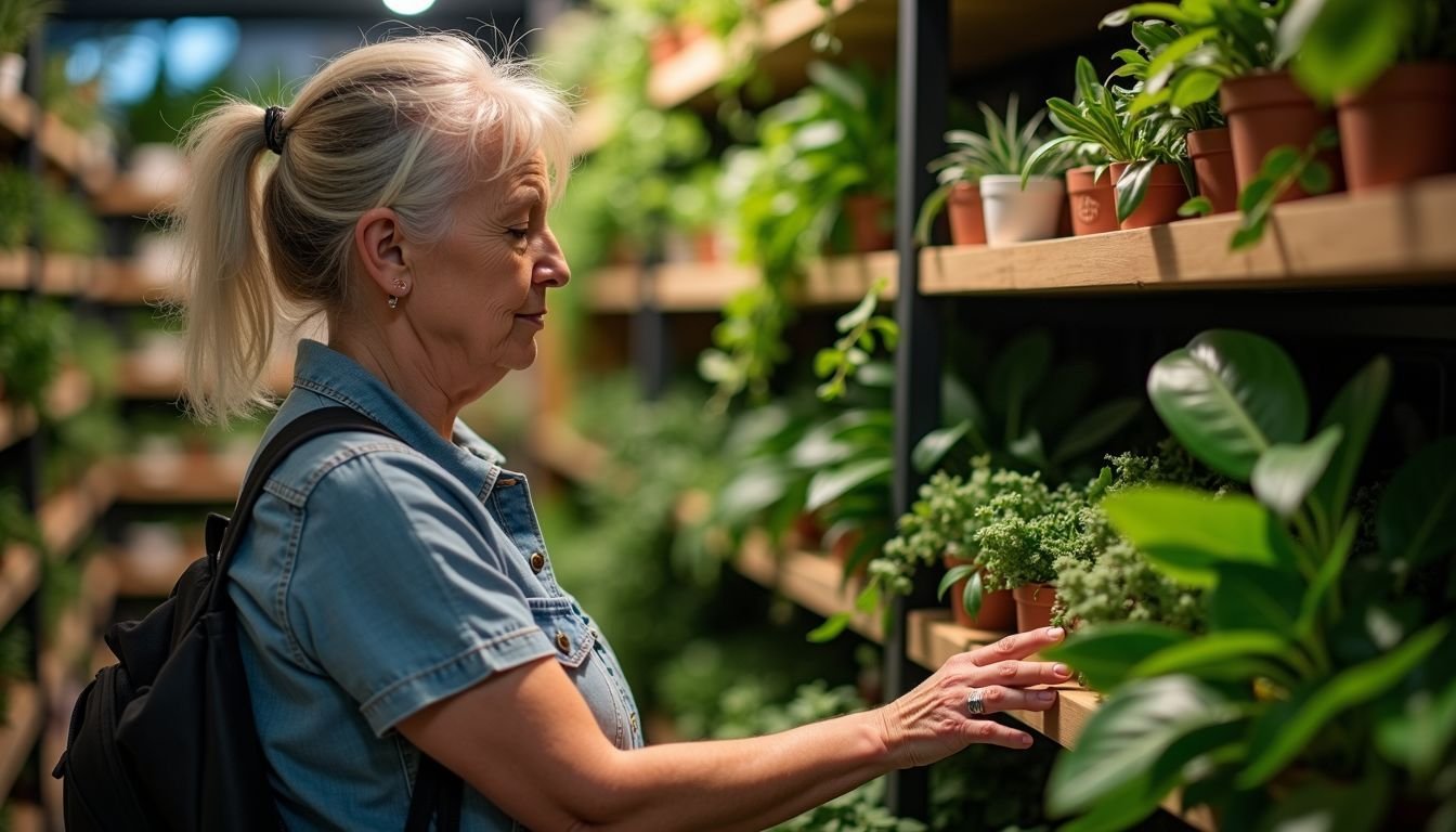 A woman browsing artificial plants in a shop on Adelaide Street.