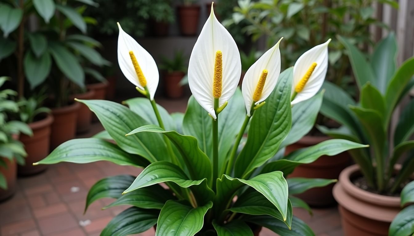 An artificial Peace Lily plant in a rustic Australian garden.