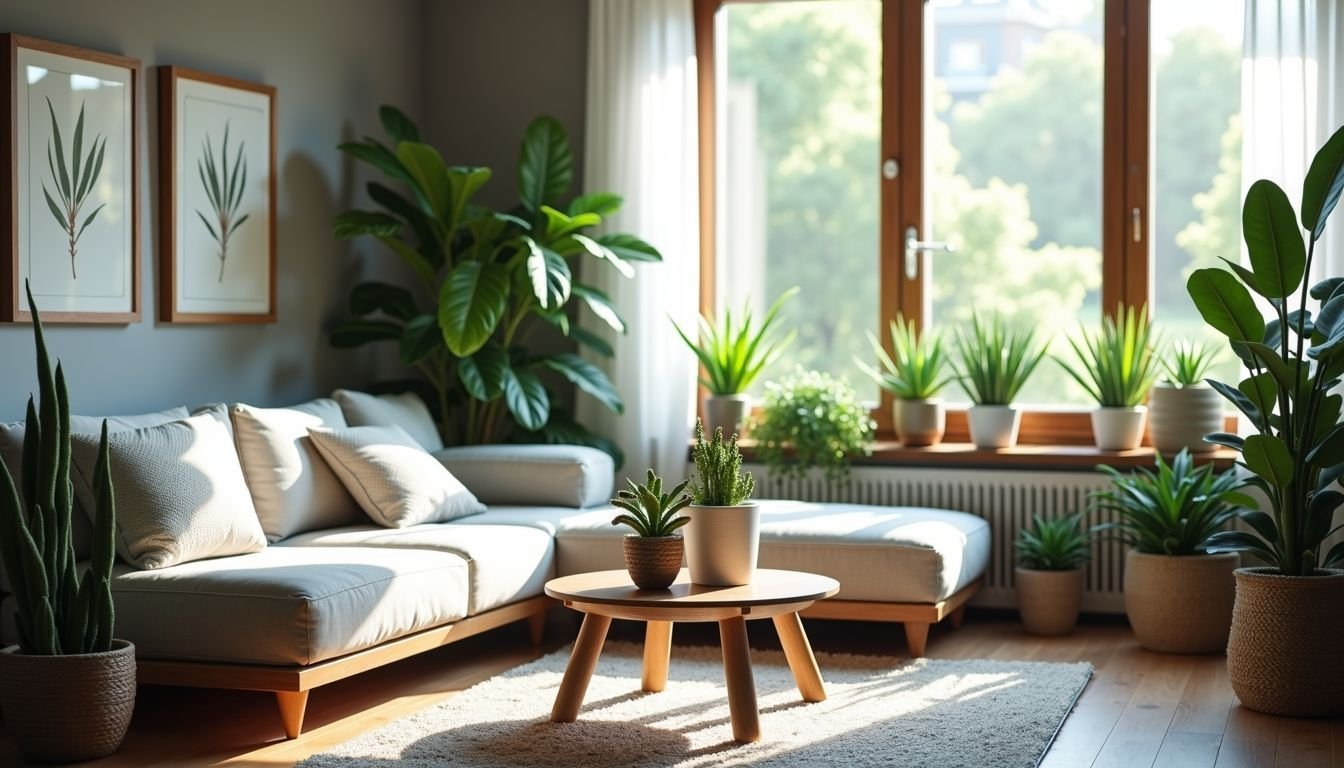 A modern living room with artificial succulent plants creating an inviting atmosphere.