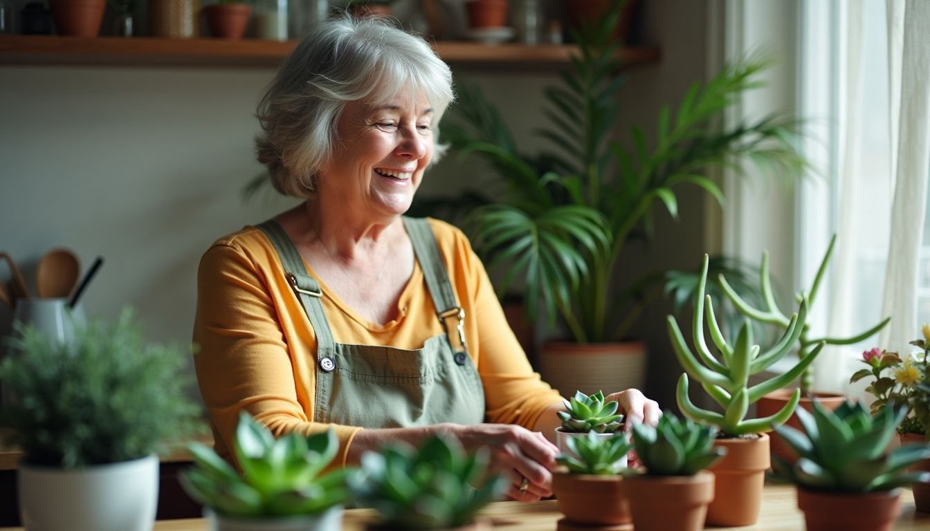 A middle-aged woman happily arranges lifelike artificial succulents in her kitchen.