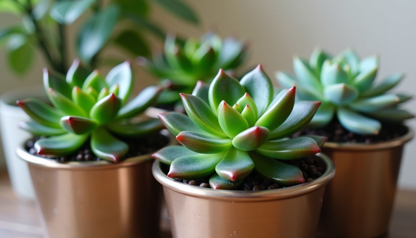 A collection of artificial succulents in metallic pots for home decor.