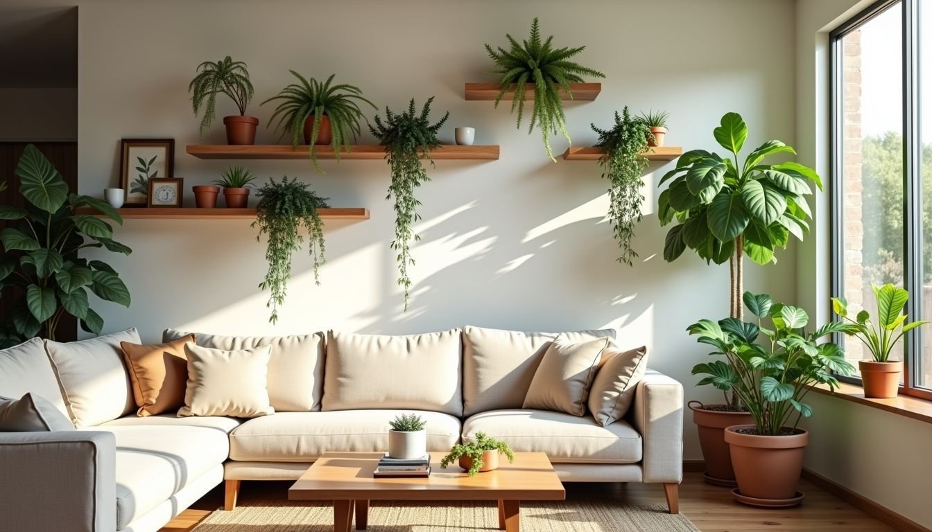 A cozy Australian living room adorned with artificial vines on shelves.