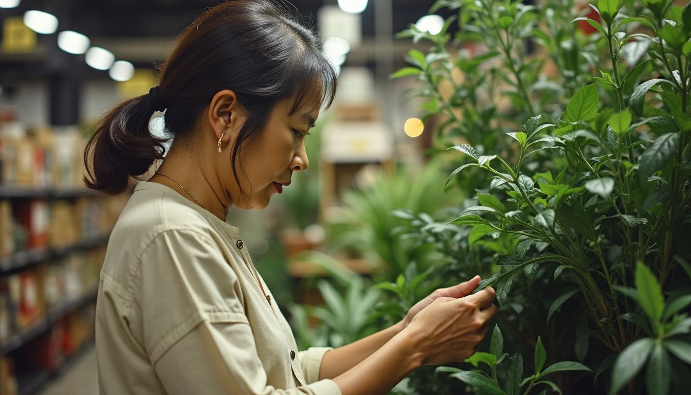 A person is examining faux plants in a homeware store.