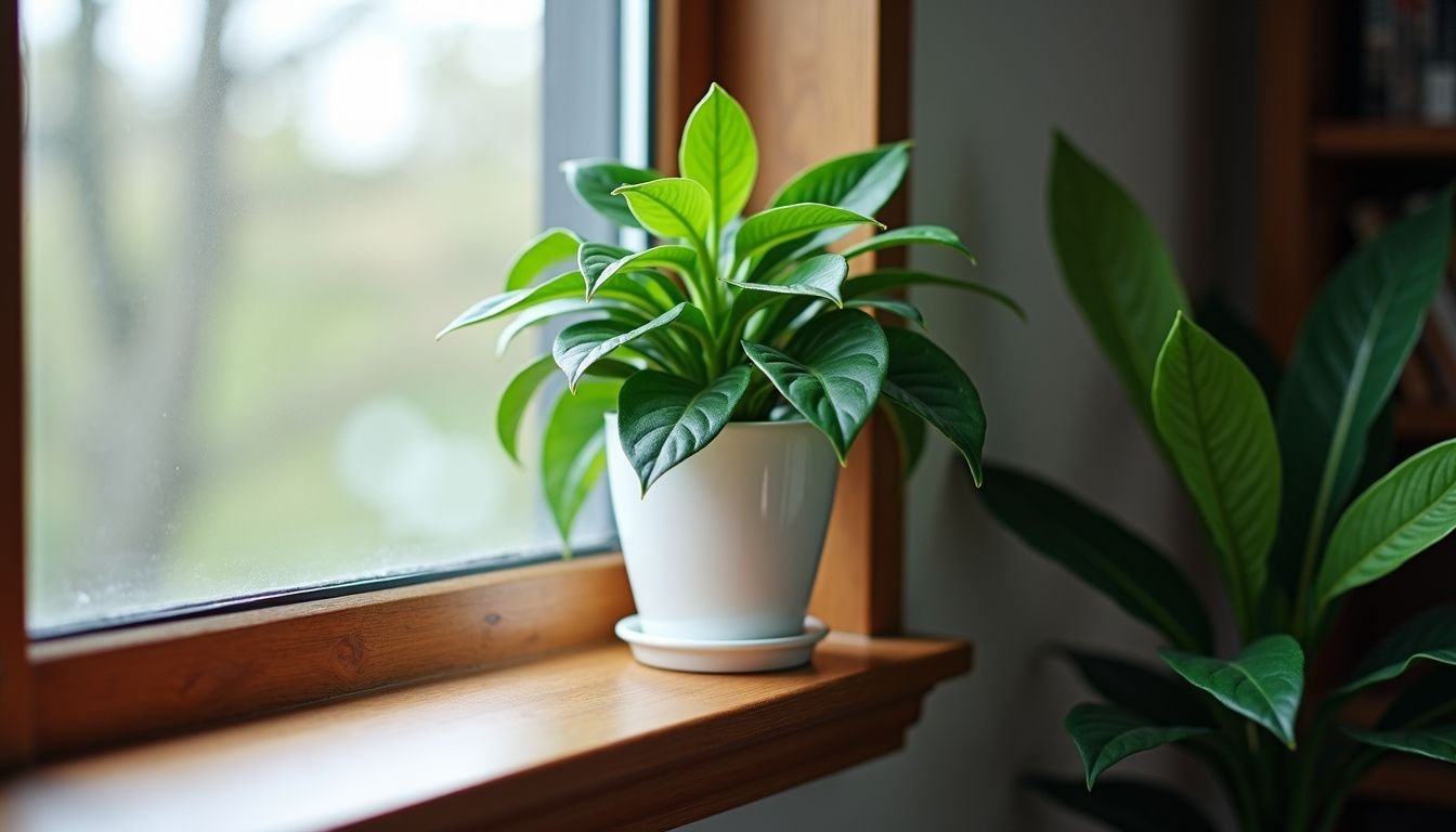 A fake plant in a pot on a wooden shelf by a window.