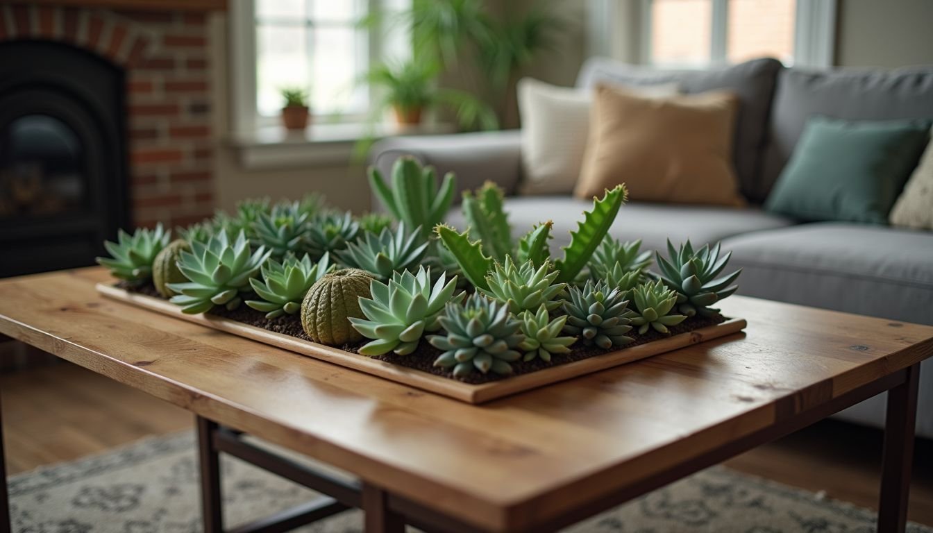 A cozy living room with a wooden coffee table featuring artificial succulents.