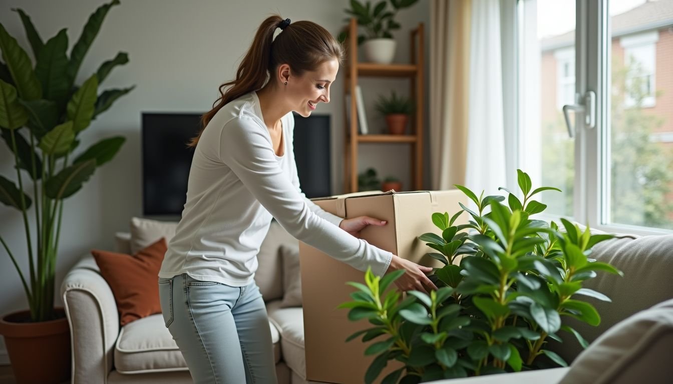 A woman in her 30s unpacking artificial plants in her living room.