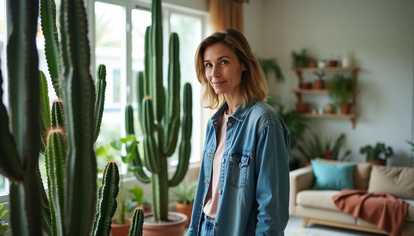 A woman admiring a collection of cacti in a modern living room.