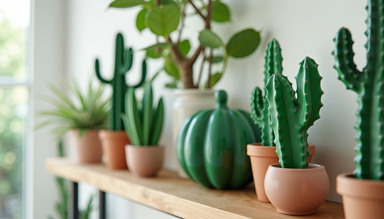 A bathroom shelf with a collection of realistic plastic cacti.