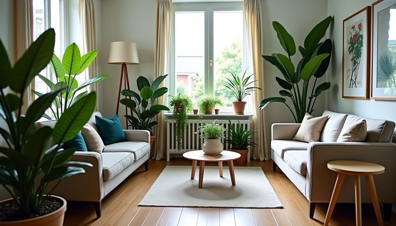 A modern living room filled with realistic fake plants from Bed Bath N' Table.