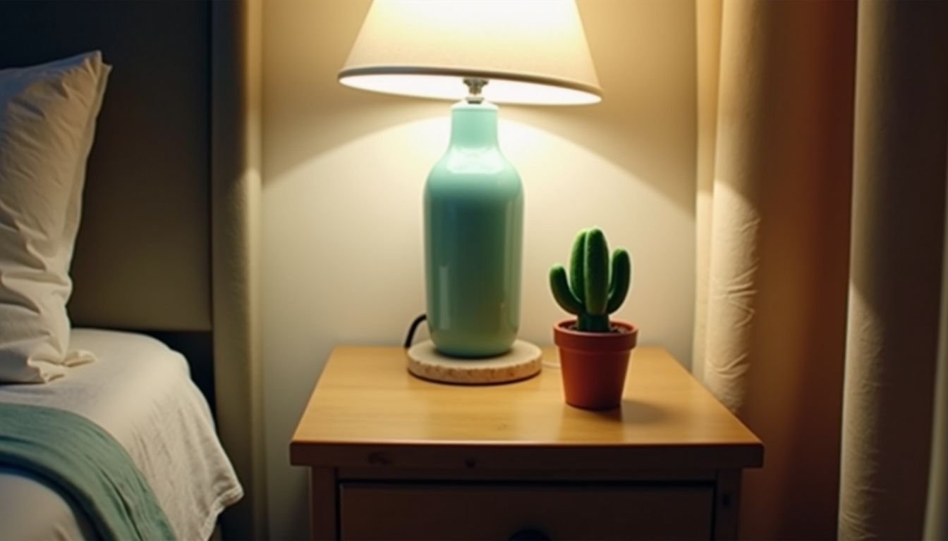 A casual bedroom nightstand with a small artificial cactus and lamp.