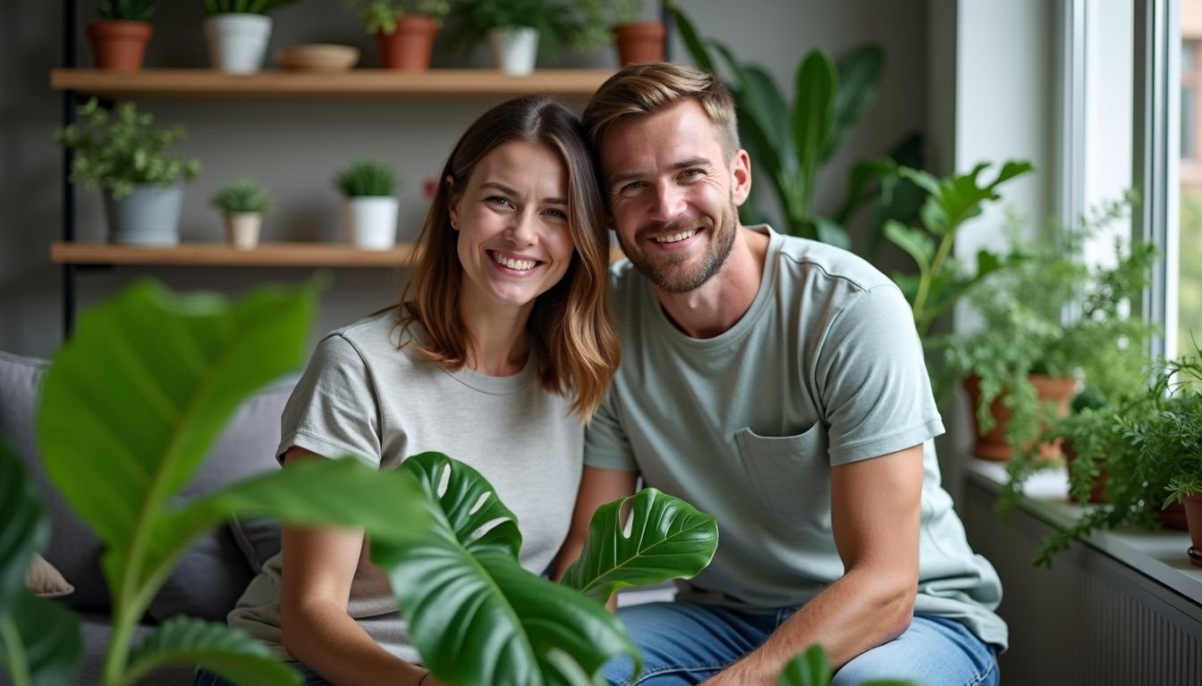 A couple in their 30s happily decorating their living room with plants.