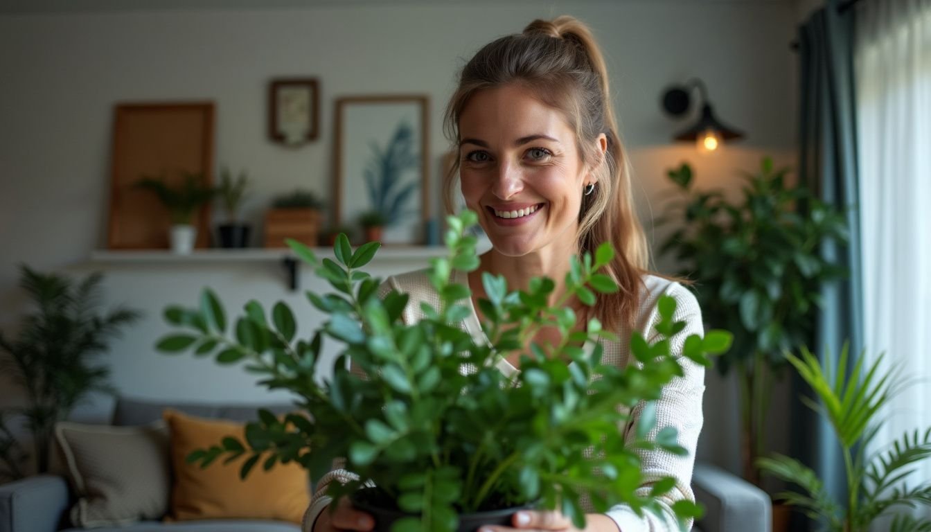 A woman happily arranges artificial plants in her modern living room.