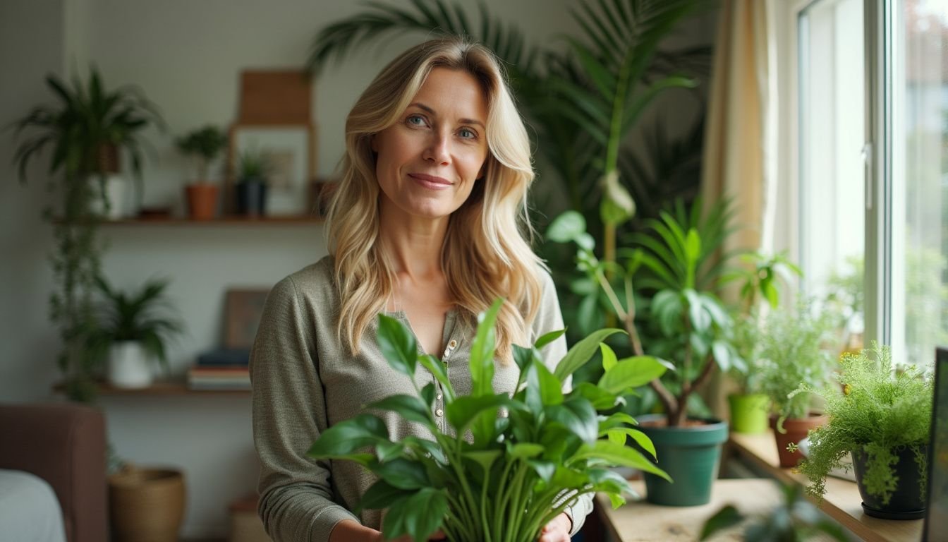 A woman in her 30s decorating her living room with artificial plants.