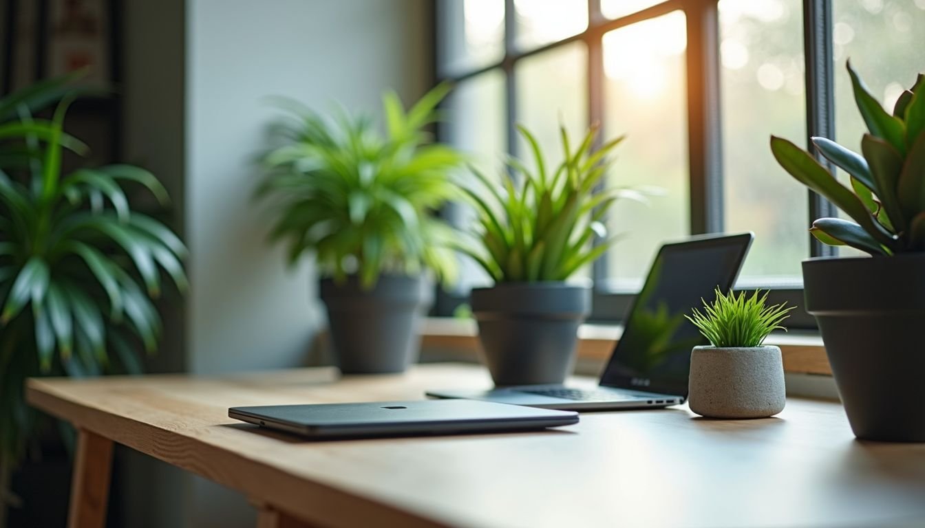 A work desk with modern artificial plants brings vibrancy to the space.