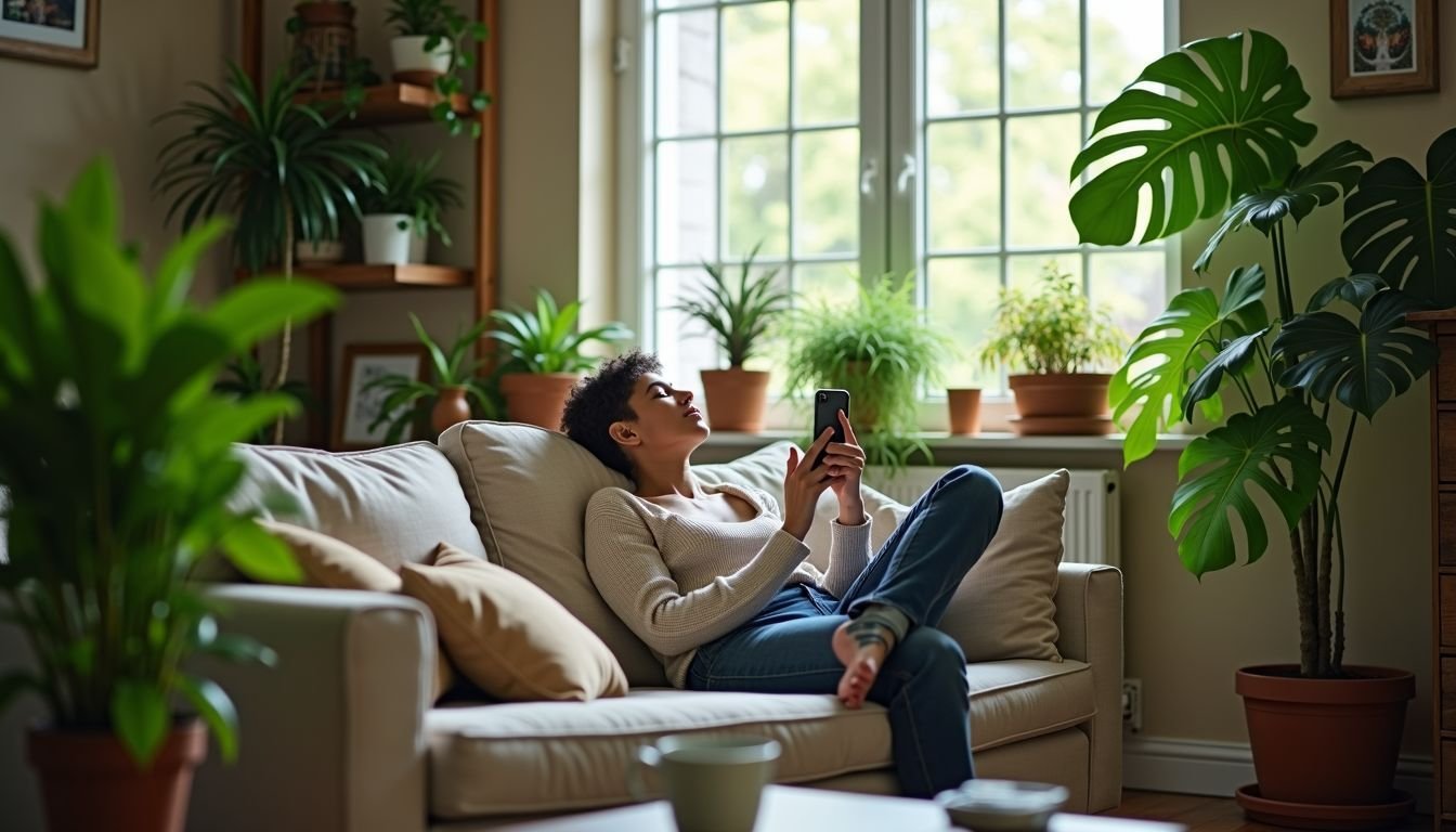 A cozy living room filled with realistic artificial plants from Big W.