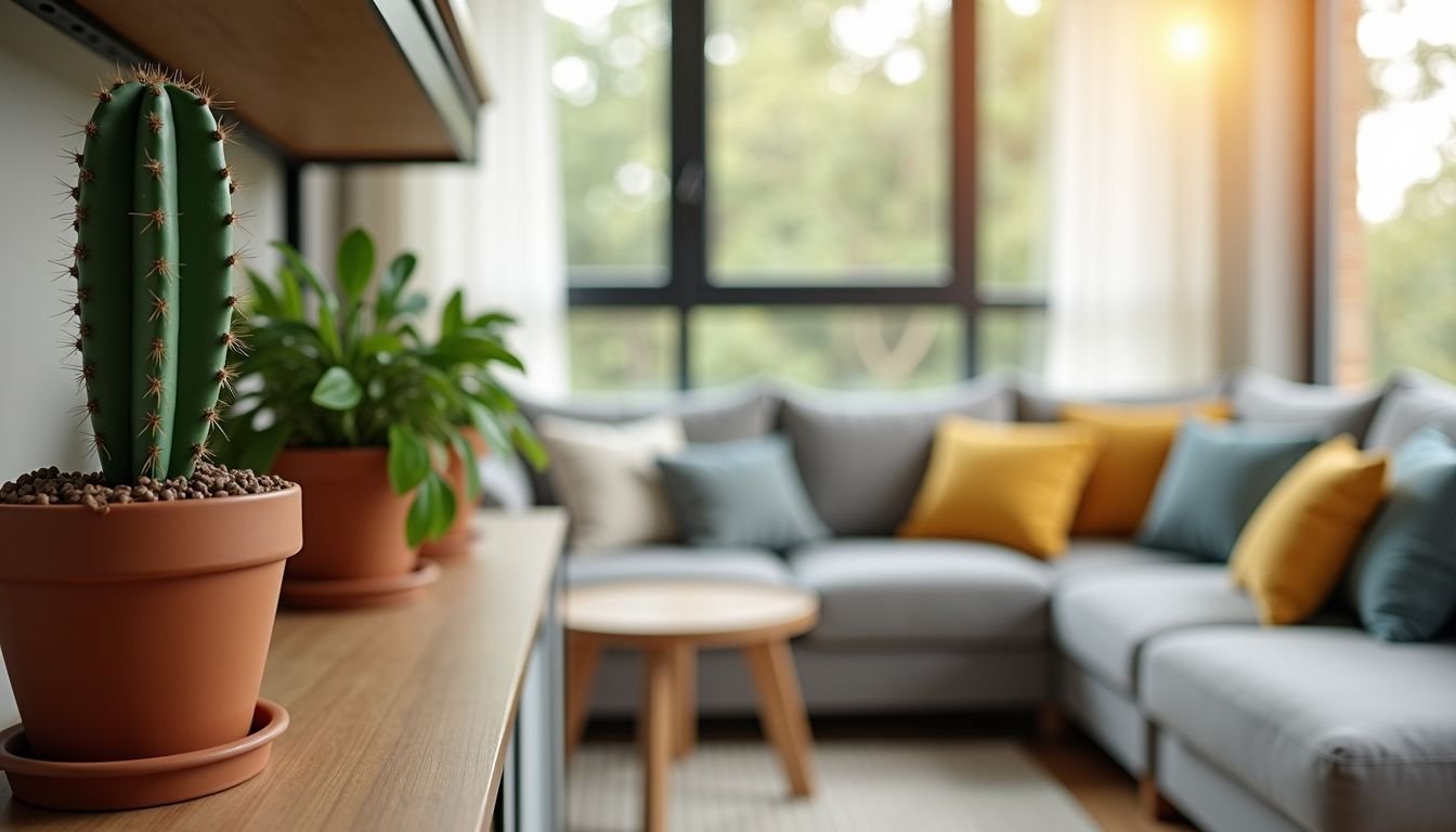 A modern living room with a faux cactus plant on a stylish shelf.