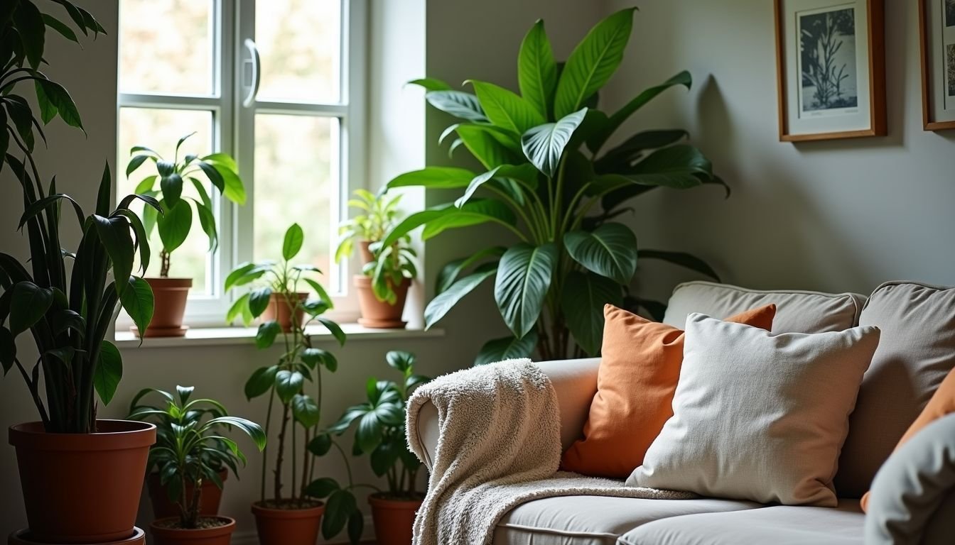 A relaxed living room with various faux plants creating a cozy atmosphere.