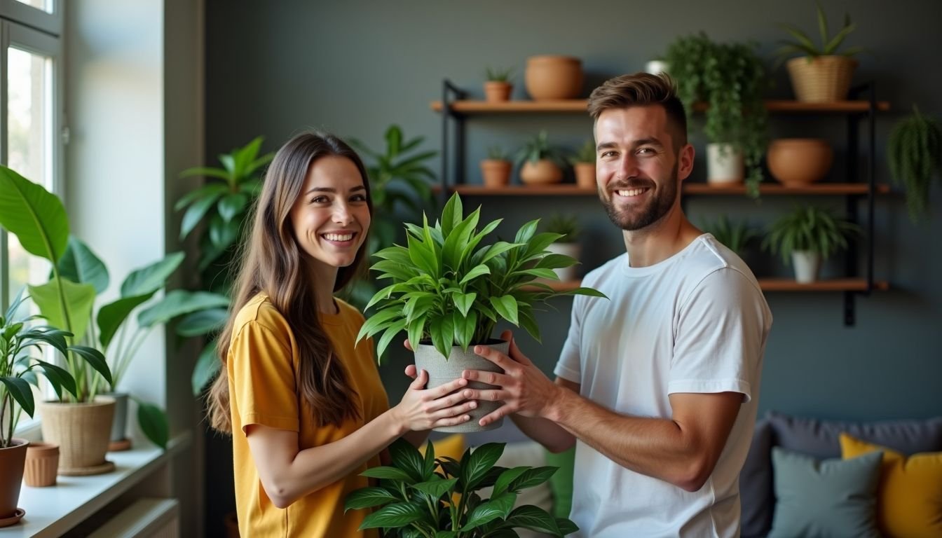 A couple in their 30s decorate their modern living room with artificial plants.