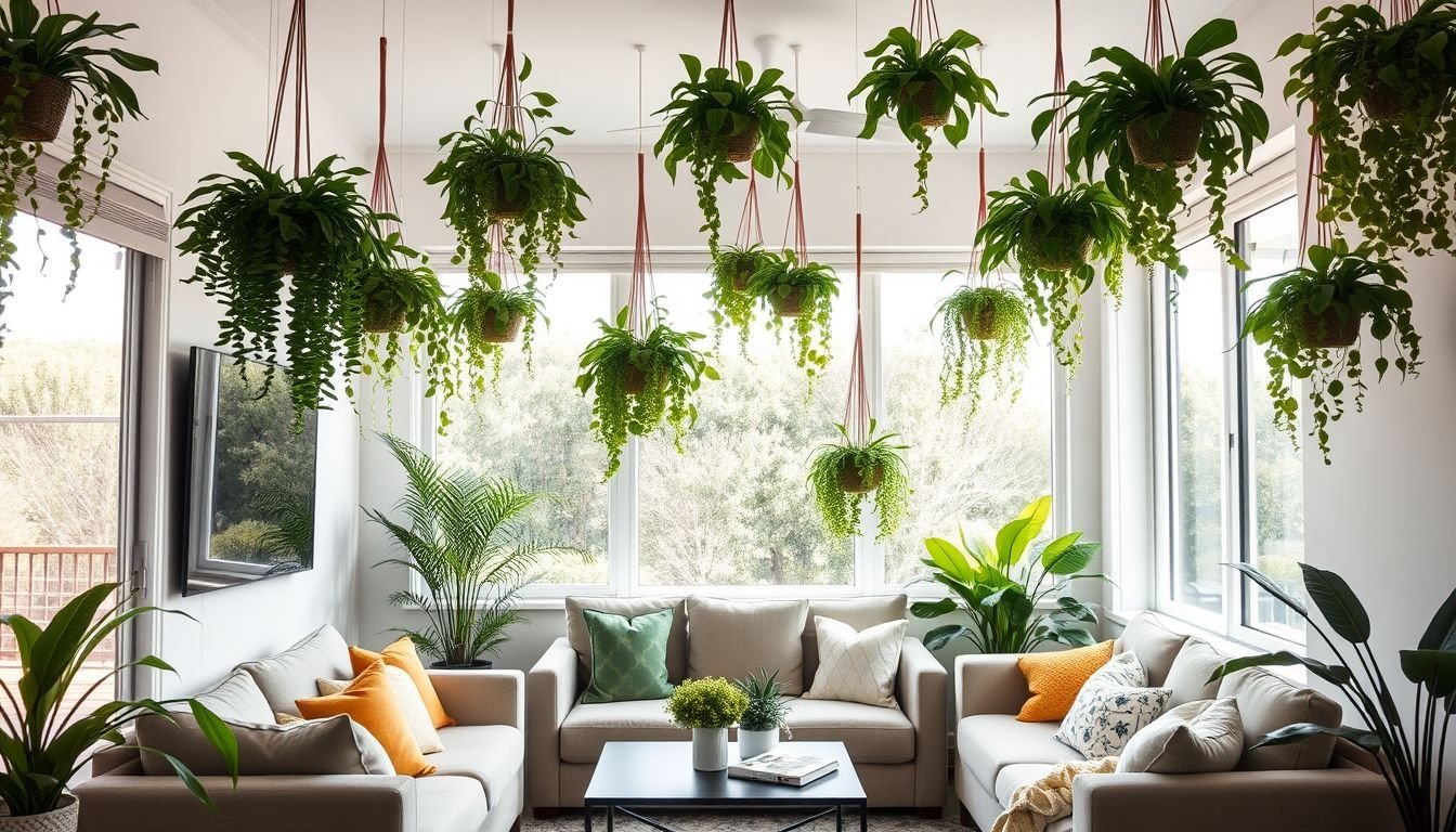 The living room is filled with hanging faux plants for low-maintenance decor.