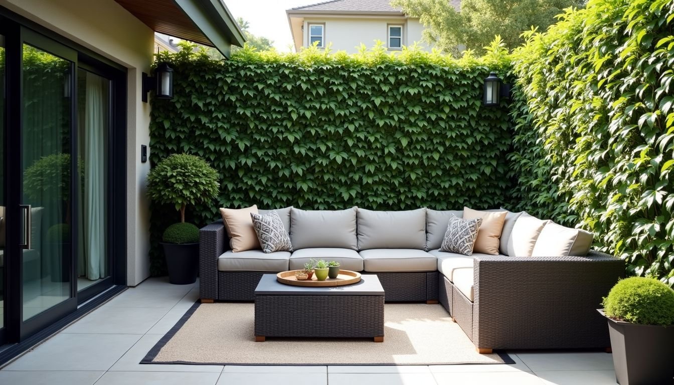 An outdoor patio with a fake plant privacy screen for relaxation.